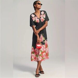 Anthropologie Blank London Tatiana Black & Pink Floral Kaftan Midi Dress